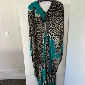 Roberto Cavalli Leopard & Teal Caftan Lungo